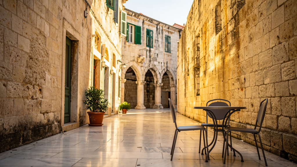 A narrow limestone alley inside Diocletian's Palace in Split, with stone arches and a café table